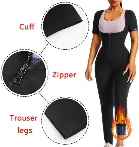 Sauna Suit for Women Waist Trainer Sweat Suits Workout Jumpsuit Slimming Full Body Shaper Zip Up with Sleeve Shorts in Kuwait