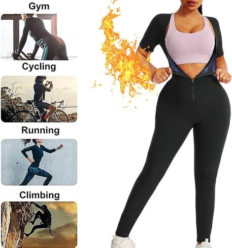 Sauna Suit for Women Waist Trainer Sweat Suits Workout Jumpsuit Slimming Full Body Shaper Zip Up with Sleeve Shorts in Kuwait