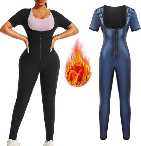 Sauna Suit for Women Waist Trainer Sweat Suits Workout Jumpsuit Slimming Full Body Shaper Zip Up with Sleeve Shorts in Kuwait