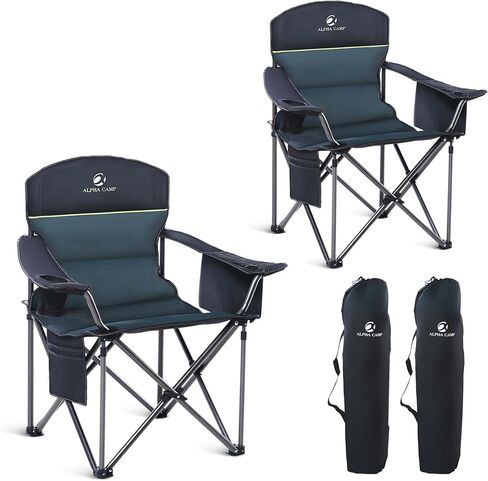 GREEN PARTY Folding Camping Chairs Oversized Heavy Duty Lawn Chair with Cooler Bag, Cup Holder, Storage Pocket, Collapsible Padded Outdoor Arm Chair, Quad Lumbar Back Chair Supports 450LBS, Green in Saudi Arabia