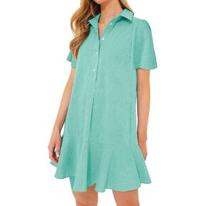 Women's Button Down Shirt Dress Summer Casual Short Sleeve Cotton Linen Ruffle Shift Mini Dresses