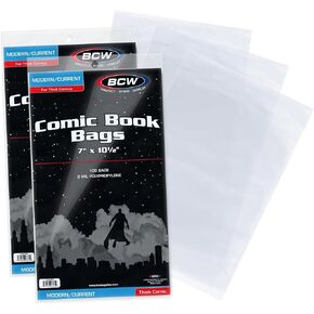 BCW Thick Current/Modern Comic Bags - 100 ct | Acid-Free Modern Comic Bags for Current Issues | Exterior 6 7/8 x 10 1/2 inches | Crystal Clear Protection for Your Comic Collection