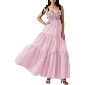 Women Summer Boho Dress Flowy Sundress Floral Printing Sleeveless Tie Shoulder Maxi Dress Y2k Beachwear Dress