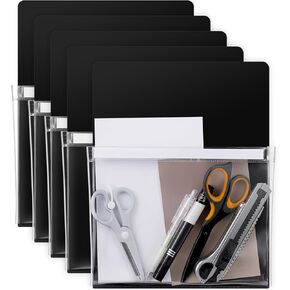 Henoyso 5 Pcs Magnetic File Holder Paper Holder Magnetic Pen Dry Erase Marker Organizer Fridge Pocket Organizer for Whiteboard Refrigerator, 12 x 9.5 in (Black)