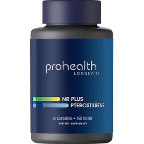 ProHealth NR + Pterostilbene. Promotes Longevity, Energy, and Healthy Aging. Protects Heart + Brain Health. Supports Cellular Repair. 250mg Niagen Nicotinamide Riboside + 40mg Pterostilbene, 30 Caps