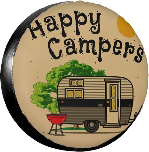غطاء الإطارات الاحتياطية Happy Campers، واقي الأوساخ الصالحة للشرب، أغطية الإطارات الاحتياطية المقاومة للطقس للمقطورة RV SUV، شاحنة التخييم، ملحقات مقطورة السفر، بوليستر (15 بوصة) in Kuwait