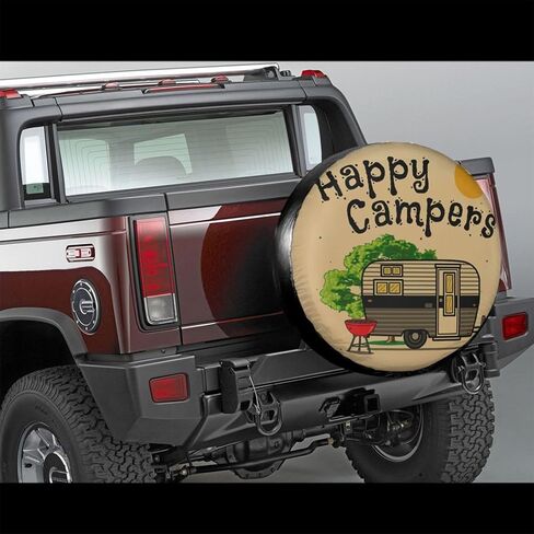 غطاء الإطارات الاحتياطية Happy Campers، واقي الأوساخ الصالحة للشرب، أغطية الإطارات الاحتياطية المقاومة للطقس للمقطورة RV SUV، شاحنة التخييم، ملحقات مقطورة السفر، بوليستر (15 بوصة) in Kuwait