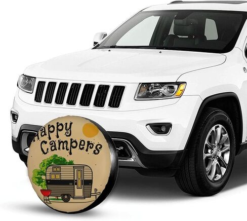 غطاء الإطارات الاحتياطية Happy Campers، واقي الأوساخ الصالحة للشرب، أغطية الإطارات الاحتياطية المقاومة للطقس للمقطورة RV SUV، شاحنة التخييم، ملحقات مقطورة السفر، بوليستر (15 بوصة) in Kuwait
