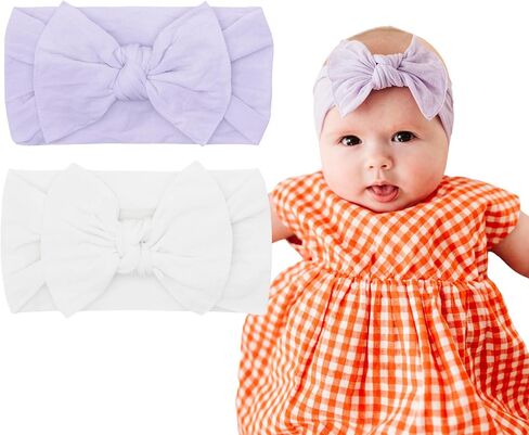 Baby Bling Bows - Newborn to Little Baby Girl Bows, 2 Pack Nylon Super Soft Stretchy Knot Toddler Headbands, Perfect Hair Accessories Head Bands for Infant Kids(Pink & White) in Saudi Arabia