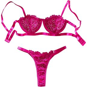 Lilosy Sexy Eyelash Underwire Floral Lace Sheer Lingerie Set Women See Through Linked Panty Bra 2 Piece