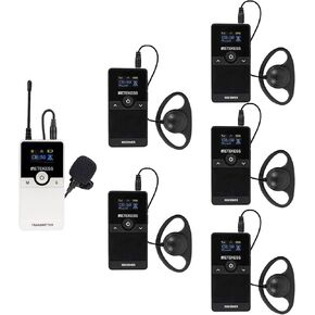 Retekess TT117 معدات ترجمة FM متعددة القنوات، نظام اتصالات الدليل السياحي، دعم نقل ستيريو، كتم مفتاح واحد، أجهزة ترجمة للكنيسة (جهاز إرسال واحد 5 أجهزة استقبال)