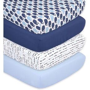 The Peanutshell Nautical Fitted Crib Sheet Set for Baby Boys or Girls - 4 Pack Nursery Set - Solid Blue, Whale Theme, & Waves
