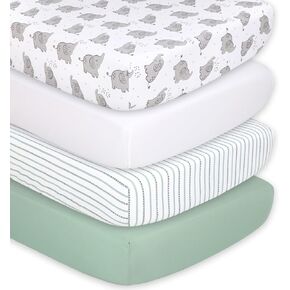 The Peanutshell Fitted Crib Sheets Set, Unisex 4 Pack, Grey Elephant, White & Green