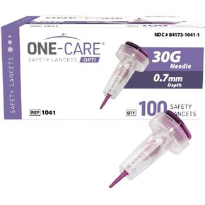 ONE-CARE OPTI Safety Lancets Top Button Activated 30G x 0.7mm, MicroFlow, Comfort 100/bx
