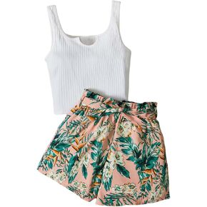 WDIRARA Girl's 2 Piece Outfits Rib Knit Tank Top and Tropical Print Belted Shorts Set