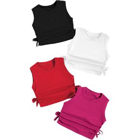 Milumia Girl's 4 Pack Ruched Knot Side Solid Round Neck Sleeveless Crop Tank Tops
