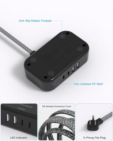 2 Pack Cruise Essentials, 5 Ft Flat Extension Cord, 3 Outlets 4 USB Ports(2 USB C) Flat Plug Power Strip, USB Charging Station with Non Surge Protector for Cruise Ship, Travel, Dorm Room Essentials in Saudi Arabia