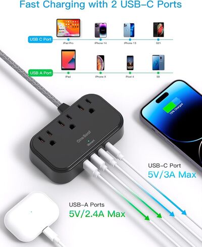 2 Pack Cruise Essentials, 5 Ft Flat Extension Cord, 3 Outlets 4 USB Ports(2 USB C) Flat Plug Power Strip, USB Charging Station with Non Surge Protector for Cruise Ship, Travel, Dorm Room Essentials in Saudi Arabia