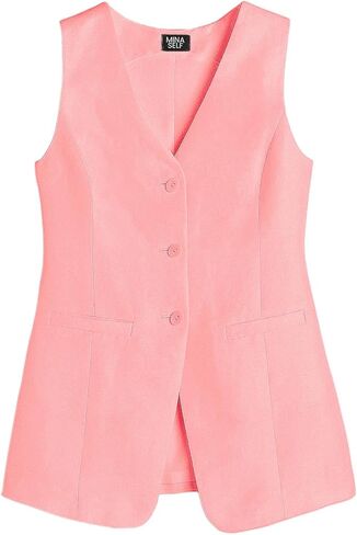 2024 Summer Long Linen Vest Blazer Y2K V-Neck Lightweight Fashion Casual Button Fully Lined Jackets Tops with Pockets in Kuwait