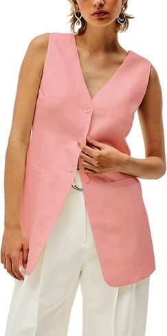 2024 Summer Long Linen Vest Blazer Y2K V-Neck Lightweight Fashion Casual Button Fully Lined Jackets Tops with Pockets in Kuwait