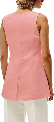 2024 Summer Long Linen Vest Blazer Y2K V-Neck Lightweight Fashion Casual Button Fully Lined Jackets Tops with Pockets in Kuwait