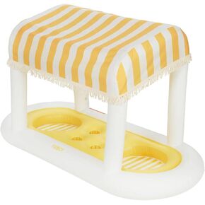 Giant Floating Yellow Cabana Stripe Drink Station, Removable Fabric Shade with Fringe, Perfect for Parties, Table-top Decorations and in-Pool Refreshments.