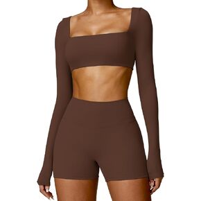 ABOCIW Long Sleeve Crop Tops for Women Square Neck Workout Crop T Shirt Top Low Medium Impac Yoga Gym Tee with Bra