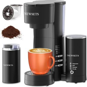 NEWSETS Single Serve Coffee Maker for K Cups and Ground Coffee, 4 in 1 Coffee Machine with Grinder and Milk Frother, 6 to 14oz Brew Sizes, 28oz Removable Water Reservoir, Self-cleaning Function, Black