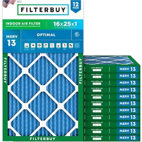 Filterbuy 16x25x1 Air Filter MERV 13 Optimal Defense (12-Pack), Pleated HVAC AC Furnace Air Filters Replacement (Actual Size: 15.50 x 24.50 x 0.75 Inches)