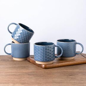 12OZ Stackable Coffee Mugs, Ceramic Coffee Mugs with Texture Patterns for Man,Woman,Dad,Mom, Modern Coffee Mugs Set of 4 for Latte/Cappuccino/Cocoa. Dishwasher&Microwave Safe, Off White