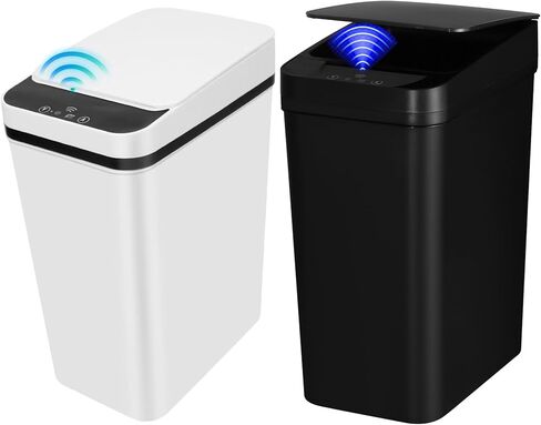 QSFWCSM سلة مهملات الحمام، سلة المهملات الذكية بدون لمس، صندوق سماد بمستشعر الحركة التلقائي مع غطاء، علبة قمامة بلاستيكية PP سعة 2.4 جالون، المطبخ، الحمام، المكتب، سلة مهملات غرفة النوم (أسود) in Kuwait