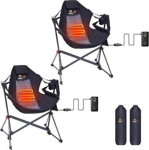 Nice C Heated Hammock Camping Chair, Swing Chair, Folding Rocking Chair, Camping Chair, High Back with Stand, Cup Holder, Side Pocket, Heavy Duty 10000mAh Power Bank Included (Set of 2) in Kuwait