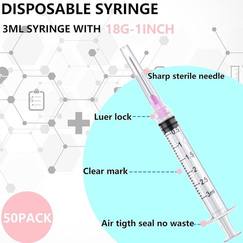 محاقن 3 مل مع إبر 23 جرام 5/8 بوصة، محاقن حقن عينات المختبر للمختبرات العلمية الصناعية، قياس السوائل وتوزيعها - 50 حزمة / صندوق in Kuwait
