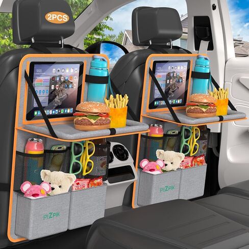 Plzpik Car Backseat Organizer with Tablet Holder,11 Storage Pockets with Foldable Food Tray, Protector Kick Mats for Kids, Travel Accessories Organizer -Black 1 Pack in Saudi Arabia