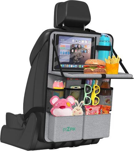 Plzpik Car Backseat Organizer with Tablet Holder,11 Storage Pockets with Foldable Food Tray, Protector Kick Mats for Kids, Travel Accessories Organizer -Black 1 Pack in Saudi Arabia