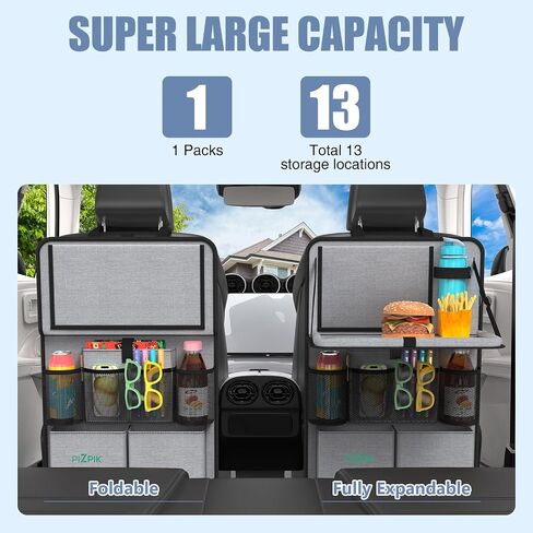 Plzpik Car Backseat Organizer with Tablet Holder,11 Storage Pockets with Foldable Food Tray, Protector Kick Mats for Kids, Travel Accessories Organizer -Black 1 Pack in Saudi Arabia