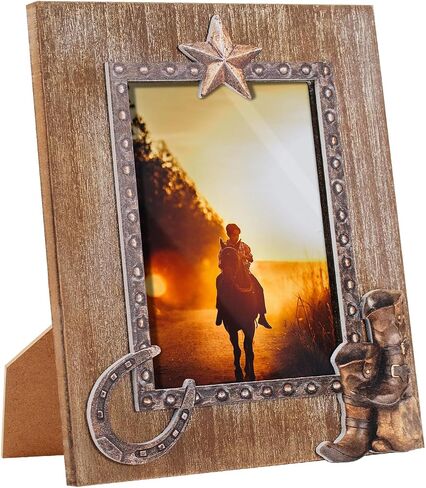 OKSQW 4 x 6 Rustic Wood Picture Frame with Cowboy Design, Solid Wooden Photo Frame with High Definition Glass, Cool Handicrafts Tabletop or Wall Mounting Great for Display for Farmhouse Home Decor. in Saudi Arabia