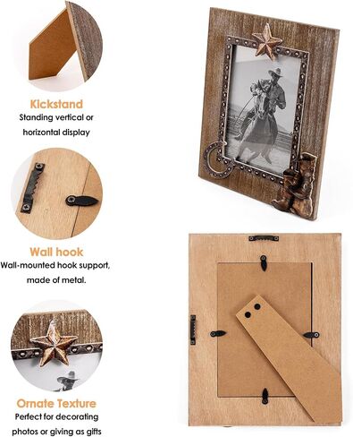 OKSQW 4 x 6 Rustic Wood Picture Frame with Cowboy Design, Solid Wooden Photo Frame with High Definition Glass, Cool Handicrafts Tabletop or Wall Mounting Great for Display for Farmhouse Home Decor. in Saudi Arabia