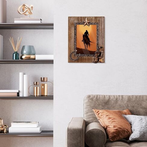 OKSQW 4 x 6 Rustic Wood Picture Frame with Cowboy Design, Solid Wooden Photo Frame with High Definition Glass, Cool Handicrafts Tabletop or Wall Mounting Great for Display for Farmhouse Home Decor. in Saudi Arabia