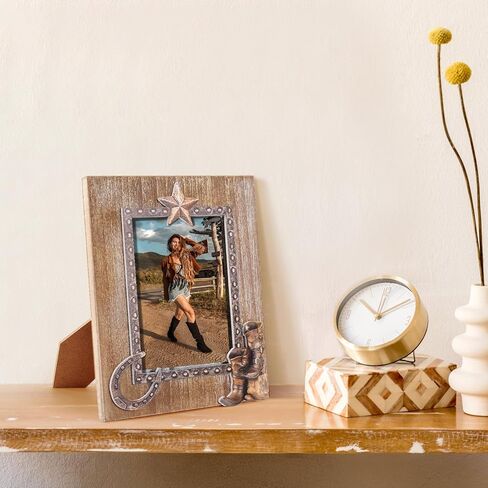 OKSQW 4 x 6 Rustic Wood Picture Frame with Cowboy Design, Solid Wooden Photo Frame with High Definition Glass, Cool Handicrafts Tabletop or Wall Mounting Great for Display for Farmhouse Home Decor. in Saudi Arabia