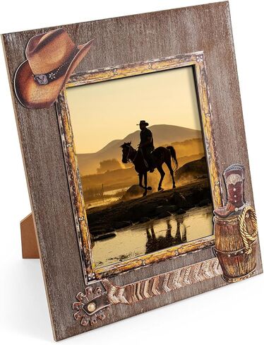 OKSQW 4 x 6 Rustic Wood Picture Frame with Cowboy Design, Solid Wooden Photo Frame with High Definition Glass, Cool Handicrafts Tabletop or Wall Mounting Great for Display for Farmhouse Home Decor. in Saudi Arabia