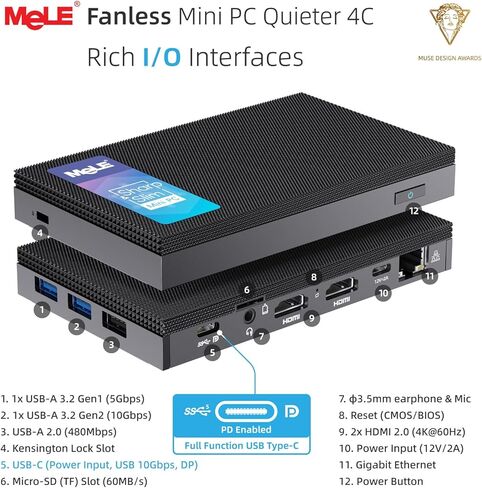 MeLE Mini PC Quieter 4C - الجيل الثاني عشر N100، تصميم بدون مروحة، ذاكرة وصول عشوائي 16 جيجابايت، ذاكرة وصول عشوائي 512 جيجابايت، Windows 11 Pro، شبكة LAN مزدوجة، 2.4/5G Wi-Fi، USB-C كامل الوظائف، سطح مكتب ثلاثي العرض 4K في المنزل والمكتب والتعليم إنترنت  in Kuwait