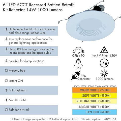 طقم الإضاءة التحديثي AH، حواف عاكسة للضوء، 6 بوصات LED قابلة للتعتيم 5CCT إضاءة غائرة، 14 وات، 1000 لومن، مؤهل ES، مدرج في قائمة UL in Saudi Arabia