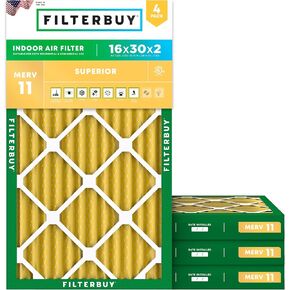 Filterbuy 16x30x2 Air Filter MERV 11 Allergen Defense (4-Pack), Pleated HVAC AC Furnace Air Filters Replacement (Actual Size: 15.88 x 29.88 x 1.75 Inches)