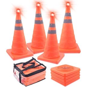 ERKOON 4 Pack 28 inch Collapsible Traffic Cones with Bag, Safety Cones with 4 LED Safety Road Parking Cones Driving Construction Cones Fluorescent Orange Pop Up Reflective Safety Traffic Cones