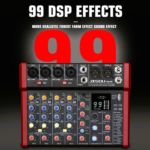 خلاط صوت JXSOU، خلاط استوديو DJ بـ 14 قناة مع محرك USB بتأثير 99 DSP + طاقة فانتوم 48 فولت، مقبس ميكروفون XLR خلاط احترافي لتسجيل بث استوديو الكاريوكي in Kuwait