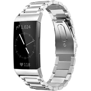 Compatible with Fitbit Charge 3 / Fitbit Charge 4 / Fitbit Charge 3 SE Bands for Men Women, Waterproof, Comfortable, Stainless Steel Metal Replacement Strap WristBand Large Small(Black)