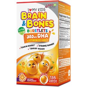 LABO Nutrition I My Kids Brain & Bones Chewable Burstlet, Gluten Free, for Stronger Bones & Behavioral Management, 76% Ultra-Concentrated rTG Form Omega 3 DHA Fish Oil, Vitamin D3 & K2, Orange