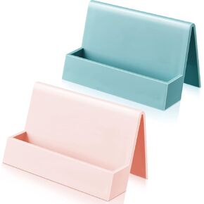 2 Pieces Business Card Holder for Desk Modern Plastic Name Card Case Display Stand Tabletop Business Card Rack for Women and Men (White, Pink) in Kuwait