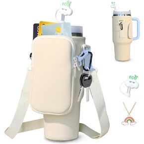 DOVO Water Bottle Carrier Bag with Pocket for Stanley 40 oz Tumbler Neoprene Water Bottle Holder Pouch with Adjustable Strap Bollus,Straw Cover & Letter Charm Accessories for Stanley Cup Accessories